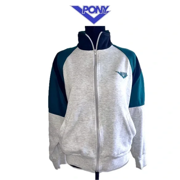 PONY Vintage Full Zip Sweatshirt Adult Medium 80s 90s Gray Green - Picture 1 of 7